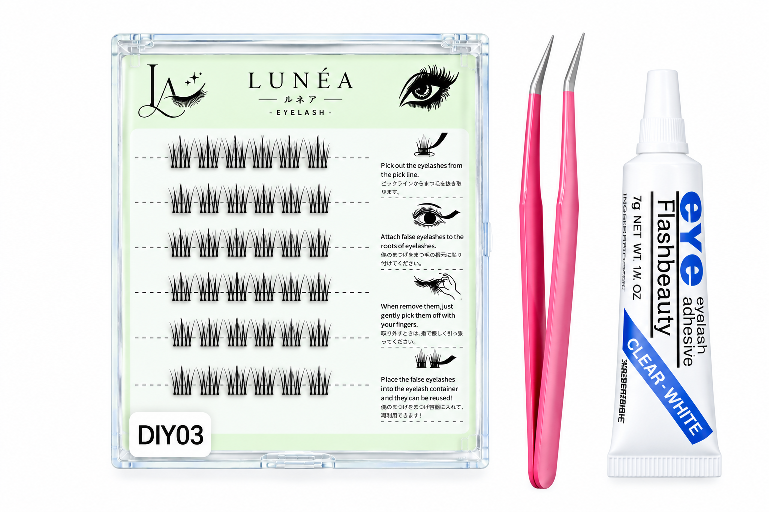 DIY03 Eyelash Cluster Kit with Pink Tweezers and Eyelash Adhesive